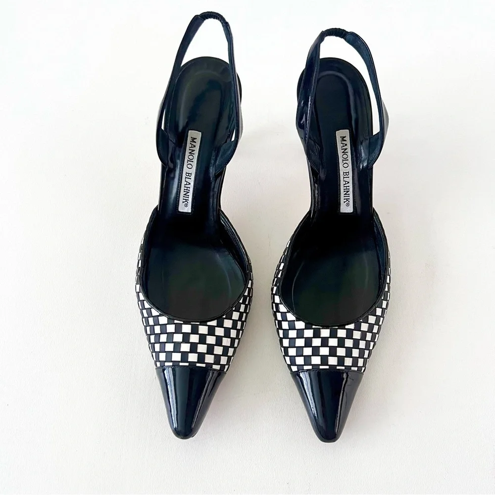 MANOLO BLAHNIK | Carolyne Cap Toe Woven Leather SlingBack Pointed Pumps - Picture 4 of 16